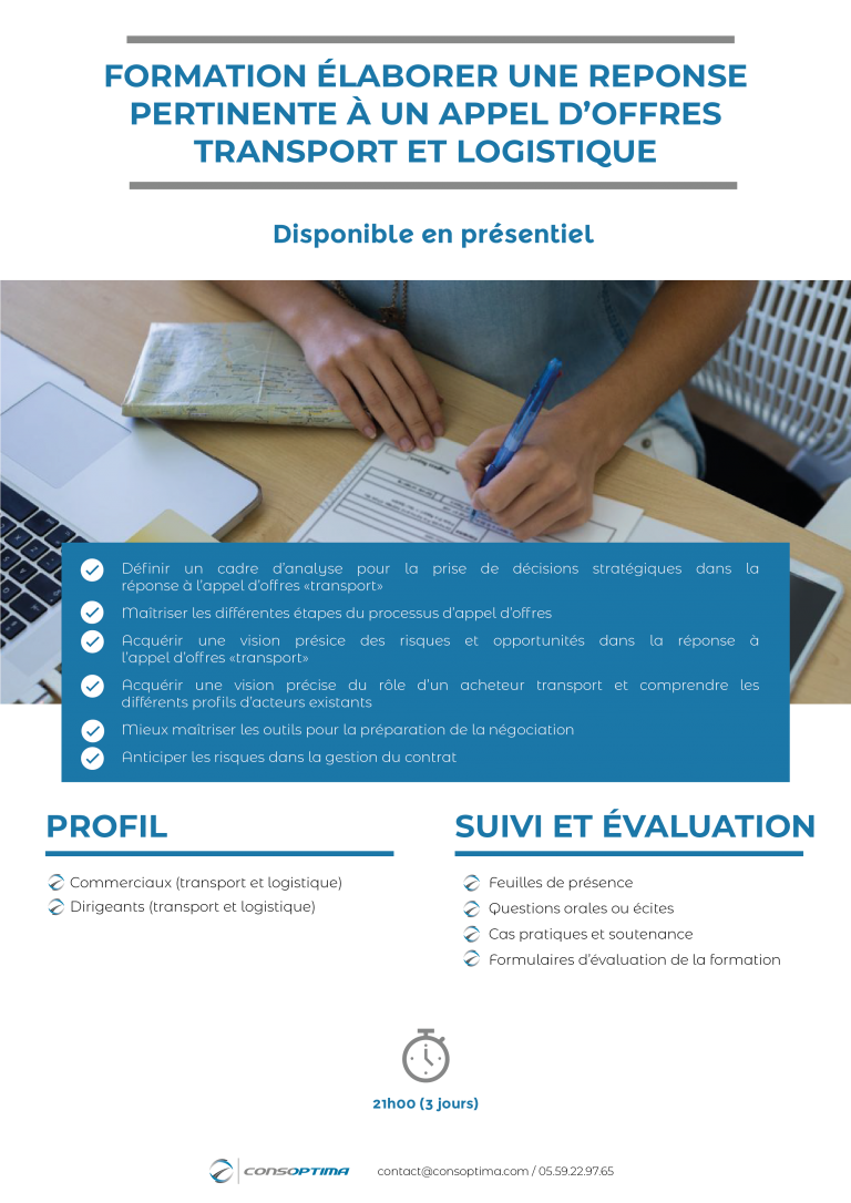 Formation élaborer une réponse pertinente à un appel d’offres transport et logistique Consoptima Formation élaborer une réponse pertinente à un appel d’offres transport et logistique Consoptima
